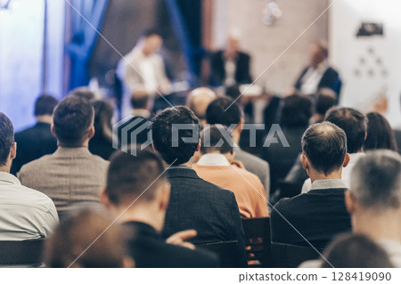 Round table discussion at business conference meeting event.. Audience at the conference hall. Business and entrepreneurship symposium 128419090