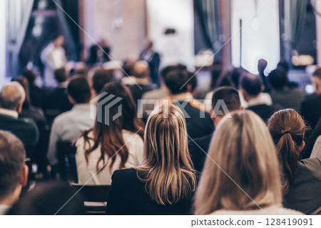Round table discussion at business convention and Presentation. Audience at the conference hall. Business and entrepreneurship symposium. 128419091