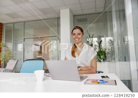 Professional Woman Engaged in Work Inside a Contemporary Office Environment with Style and Purpose Professional Woman Engaged in Work Inside a Contemporary Office Environment with Style and Purpose 128419250