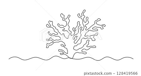 Seaweed one line illustration, continuous line isolated sketch, border 128419566