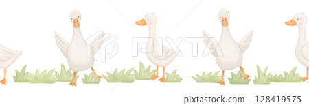 Seamless watercolor border with cute goose in grass. Funny animals in nature. Hand drawn illustrations set Seamless watercolor border with cute goose in grass. Funny animals in nature. Hand drawn illustrations set 128419575
