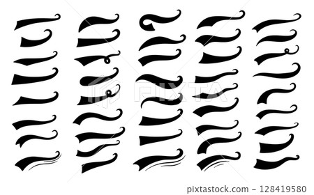 Vintage baseball text with swoosh and underline for sport design. Swash tail font and vector typography with retro line ornament or brush shape. Vintage baseball text with swoosh and underline for sport design. Swash tail font and vector typography with retro line ornament or brush shape. 128419580