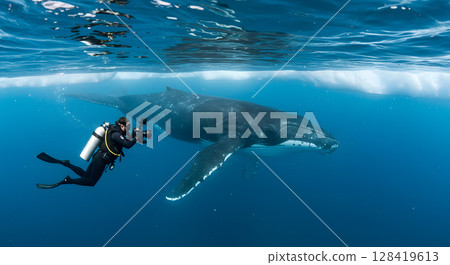 Diver Swims beside Humpback Whale in Arctic Ocean 128419613