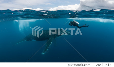 Scuba Diver Encounters Majestic Humpback Whale in Arctic Ocean Waters 128419618