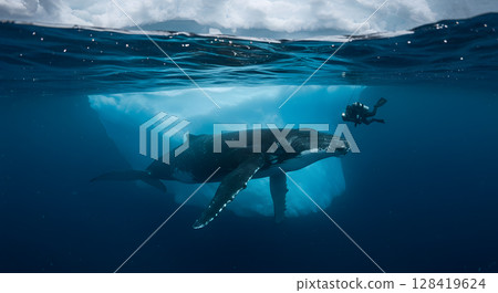Underwater View of Diver Encountering a Humpback Whale Beneath Arctic Ice 128419624