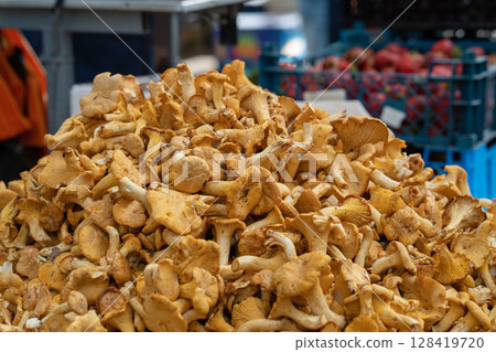 Large heap of golden chanterelle mushrooms on a market. Close-up of many chanterelle fungi. Harvested edible yellow forest mushrooms Large heap of golden chanterelle mushrooms on a market. Close-up of many chanterelle fungi. Harvested edible yellow forest mushrooms 128419720
