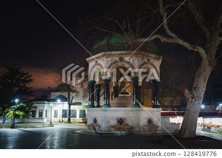 The German Fountain in Istanbul, Turkey, stands illuminated at night with its green tiled roof, mosaic interior, and marble columns framed by bare trees. The German Fountain in Istanbul, Turkey, stands illuminated at night with its green tiled roof, mosaic interior, and marble columns framed by bare trees. 128419776