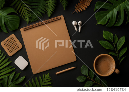 Notebook with a pen and a cup of coffee on a table with leaves 128419784