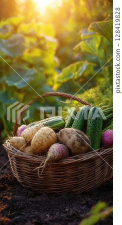 Freshly harvested root vegetables and cucumbers in a wicker basket filled with dark soil, placed in a sunlit garden. 128419828
