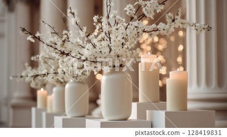 Elegant white ceramic vases with blooming white cherry blossoms, surrounded by ivory pillar candles. Elegant white ceramic vases with blooming white cherry blossoms, surrounded by ivory pillar candles. 128419831