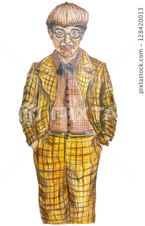 An aged man in a checkered suit with a cap on his head. Watercolor illustration. 128420013