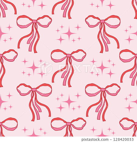 Pink seamless pattern with ribbon bow and tiny star in polka dot order in hand-drawn coquette style. 128420033