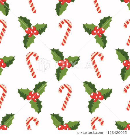 Seamless pattern with holly berry and candy cane in polka dot order for Christmas, in flat cartoon style. 128420035