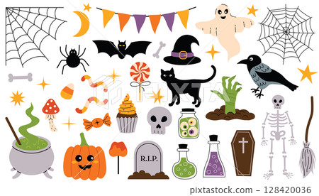 Set of Halloween elements in flat cartoon style with skeleton, candy, spider web, zombie hand, cauldron, and black cat. 128420036