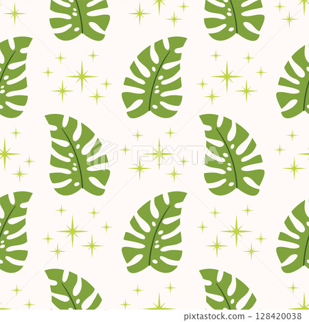 Seamless pattern with monstera leaf and tiny star in polka dot order in flat cartoon style. 128420038
