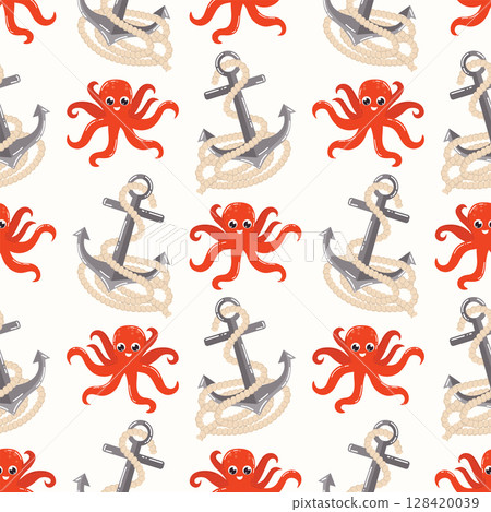 Seamless pattern with cute kawaii red octopus and sea anchor in polka dot order in flat cartoon style. 128420039