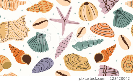 Seamless pattern with various sea shell and tiny dot in messy order in flat cartoon style. 128420042