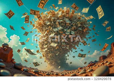 A raging tornado of paper money. A huge tornado of swirling paper money dominates the scene against a clear blue sky. 128420078