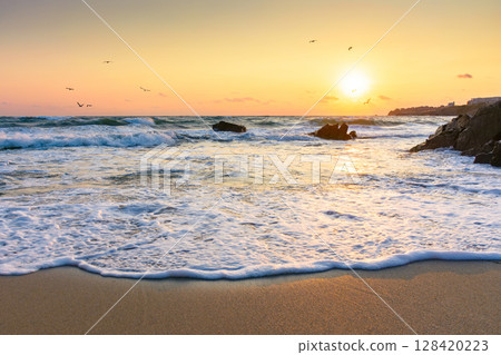 beach at sunrise. beautiful landscape for summer vacations in europe. birds on the orange sky above waves. scenic seascape with sand coast. water splash 128420223