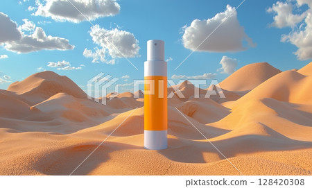 A bottle of spray sunscreen, placed in sand under bright sunlight against a blue sky. A bottle of spray sunscreen, placed in sand under bright sunlight against a blue sky. 128420308