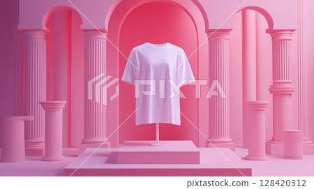 A t-shirt with mannequin placed on podium, isolated store background.  128420312