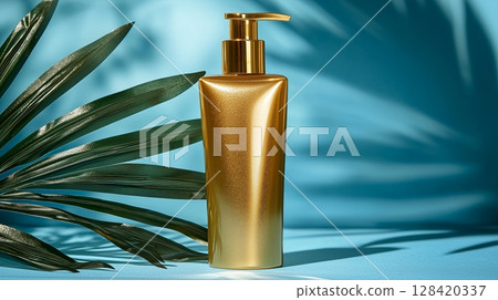 Gold sunscreen with blue background.  128420337