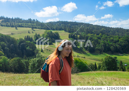 Peaceful walk through green hills with music and nature 128420369