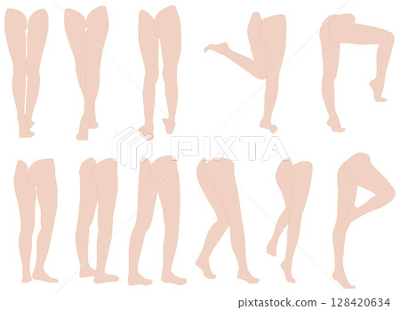 女性腿模插圖集2-03側背等。一組描繪下半身各種姿勢的插圖。 128420634