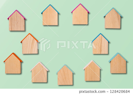 Neighborhood image in wooden house-shaped frames 128420684