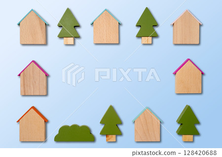 Colorful house-shaped wooden plate and tree image frame 128420688