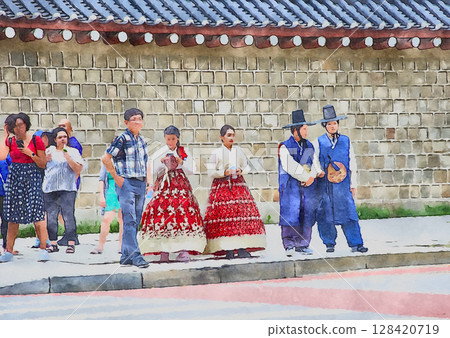 People wearing rental hanbok (traditional Korean dress) and official-style attire with Gyeongbokgung Palace in the background (generated by AI from original image) 128420719
