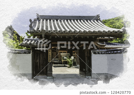 水彩風格,德島縣德島市寺町,安住寺 水彩風格,德島縣德島市寺町,安住寺 128420770