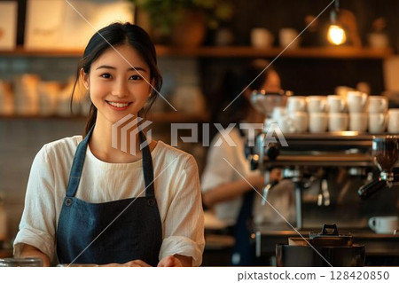 咖啡館裡咖啡師的微笑，提供真誠的服務 128420850