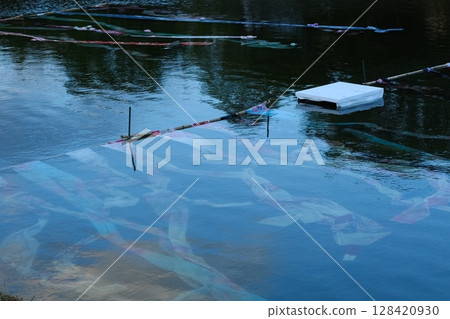 Kyoto Yuzen fabrics lined up along the Kamo River 128420930