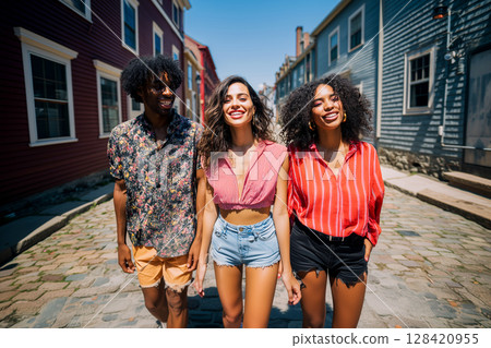 Three young women are walking down a cobblestone street, smiling and laughing 128420955