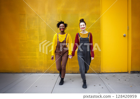 Two women in yellow and brown clothing are walking down a yellow wall 128420959