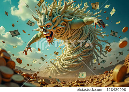 A terrible money eater. The monstrous creature spirals upward, creating the effect of a vortex of flying money and coins. 128420998