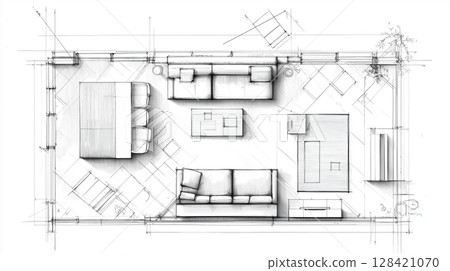 Top view of a floor plan with a gray corner sofa. Design of modern housing and apartment layout Top view of a floor plan with a gray corner sofa. Design of modern housing and apartment layout 128421070