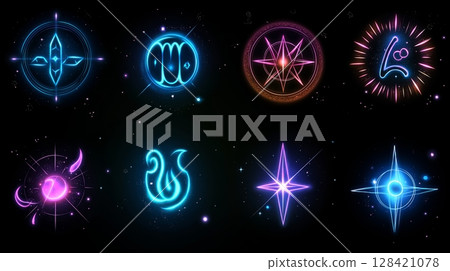 Colorful cosmic symbols with glowing outlines on dark background, astrological and celestial themes 128421078