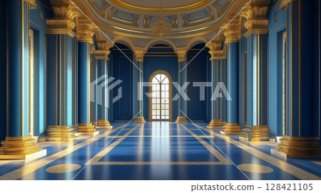 Grand palace blue interior of a historic hall with intricate designs and vibrant colors 128421105