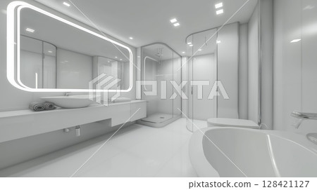 Render of a modern minimalist bathroom. Interior design concept for hotel or home. Render of a modern minimalist bathroom. Interior design concept for hotel or home. 128421127