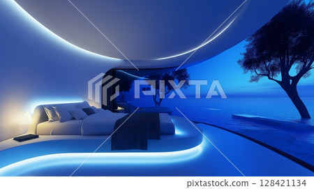 Cozy bedroom with stunning ocean view and moonlight illuminating the serene atmosphere at night 128421134