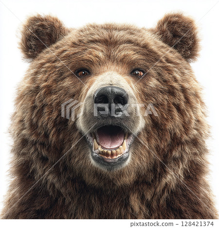 Grizzly bear smiling on a white background Grizzly bear smiling on a white background 128421374