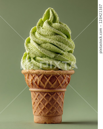 Rich matcha flavor: close-up of soft serve ice cream 128421387