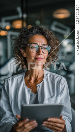 A female medical worker staring at a tablet with a serious expression 128421394