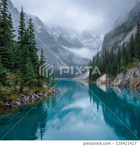 A turquoise glacial lake surrounded by misty mountains 128421427