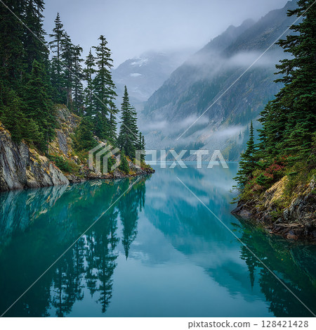 A magnificent natural sight: A mysterious lake surrounded by snow-capped mountains and coniferous forests 128421428