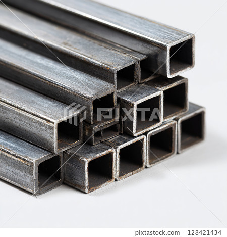 Neatly stacked square mild steel bars 128421434