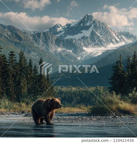電影鏡頭中，一隻棕熊站在雪山和河邊 128421438
