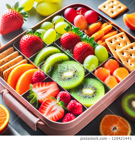 Close-up view of a bento box showcasing colorful and healthy snacks like sliced kiwi, strawberries, grapes, and crackers. The neat arrangement and vibrant colors highlight the freshness of this 128421441